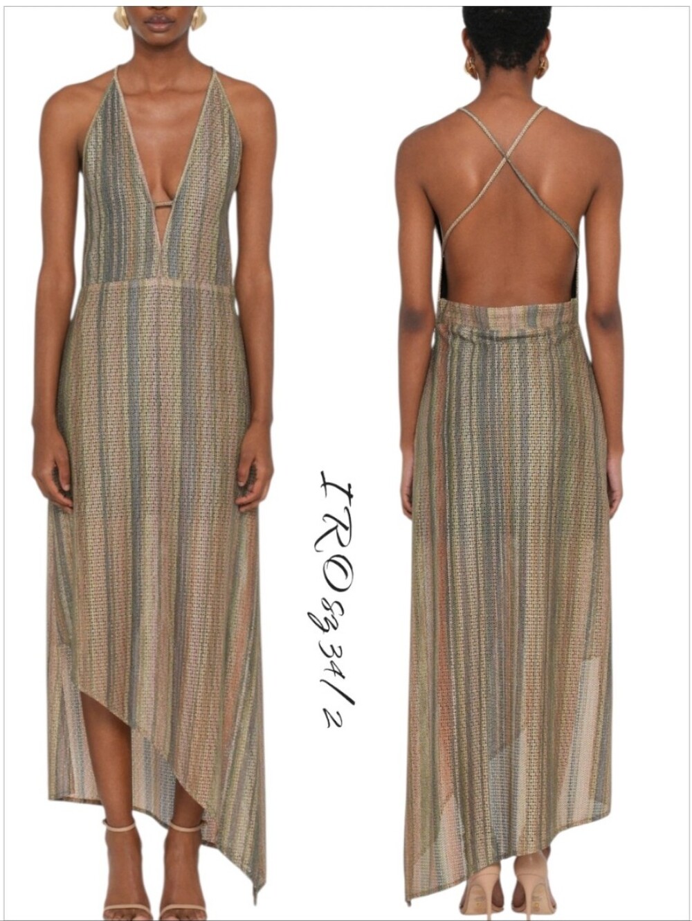 IRO Paris Emman Knit Maxi Dress Plunge Neck Asymmetric Metallic Multi 34 2 NWT